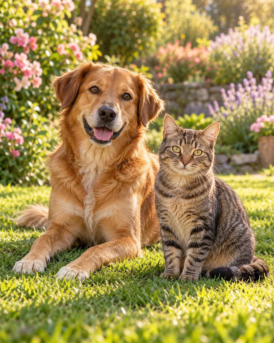 Perro y gato juntos en un jardín iluminado por el sol