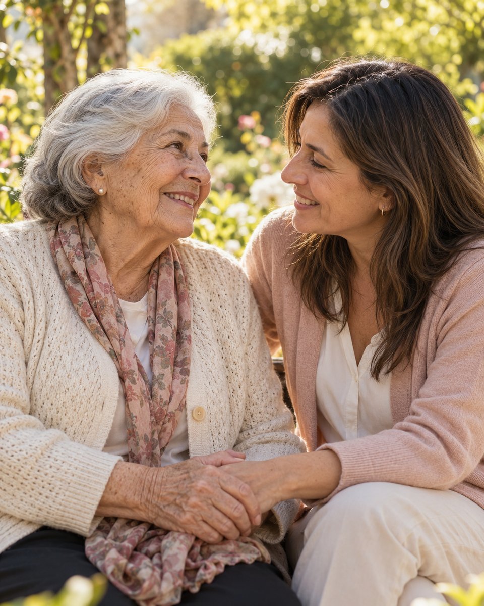 Madre e hija compartiendo un momento de cariño en un jardín